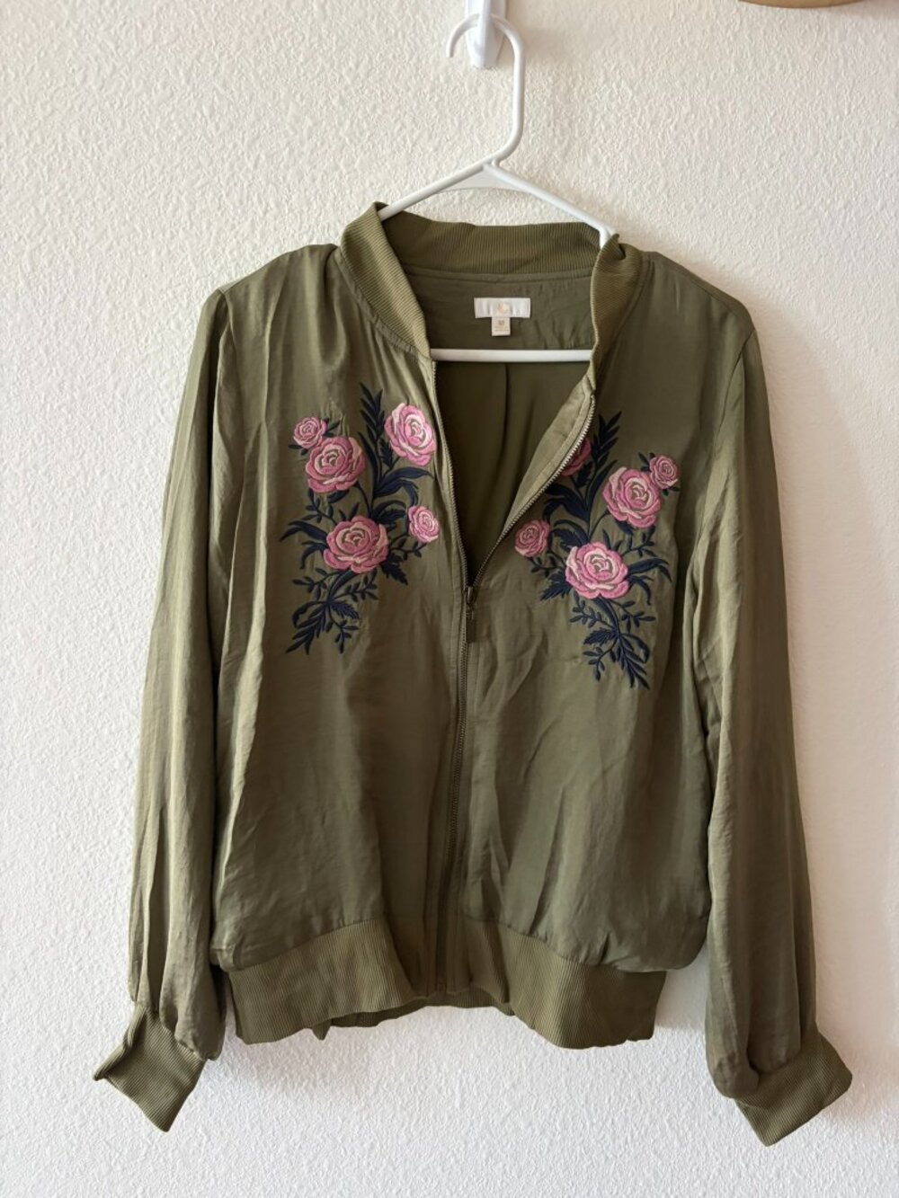 Olive Green Floral Embroidered Bomber Jacket — Size Medium